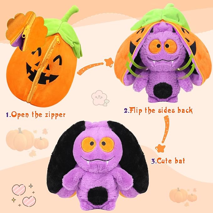 MIAODAM Bat Stuffed Animal, 11inch Reversible Pumpkin Bat Plush, Cute Plushies Toy Gift for Kid Toddler Girls Boys
