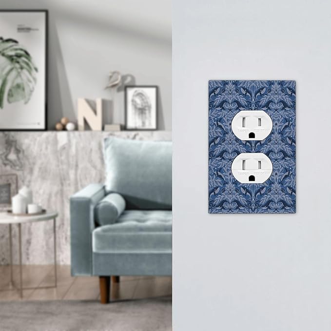Blue Modern Nautical Art Whale Fish Ocean Damascus Outlet Covers 1 Gang Duplex Light Switch Cover Decorative Switch Plates Electrical Receptacle Faceplate Wall Plate for Bedroom Living Room Decor