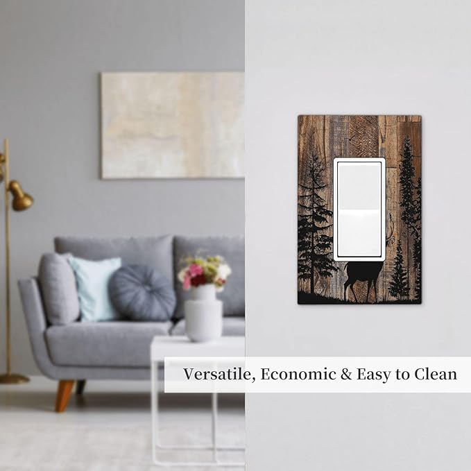 Decorative Outlet Covers Rustic Forest Antler Elk Deer Silhouettes Animals Wood Grain 1 Gang Single Rocker Light Switch Cover Plate Wall Plates GFCI Faceplate for Farmhouse Home Decor