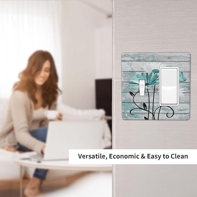 Teal White Daisy Flower Butterfly On Rustic Wood Board Outlet Covers 1 Toggle 1 Rocker Combination Decorative Wall Plate Electrical Switch Plates Light Switch Cover Plate for Farmhouse Bedroom Decor