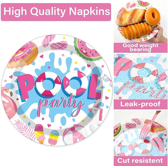 Qyeahkj 100 Pcs Swimming Pool Party Plates and Napkins Set Summer Pool Party Decorations Supplies Pool Disposable Paper Tableware Dinnerware Party Favors Birthday Shower Serves 25