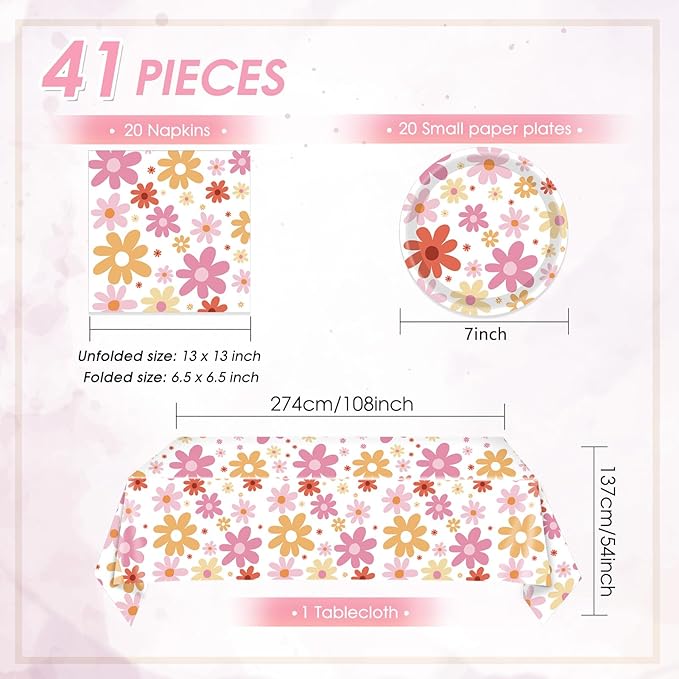 41PCS Groovy Daisy Birthday Party Decorations Retro Hippies Flower Disposable Tableware Include Daisy Plates and Napkin and Daisy Tablecloth Party Supplies for 70s Boho Birthdays Baby Showers Weddings