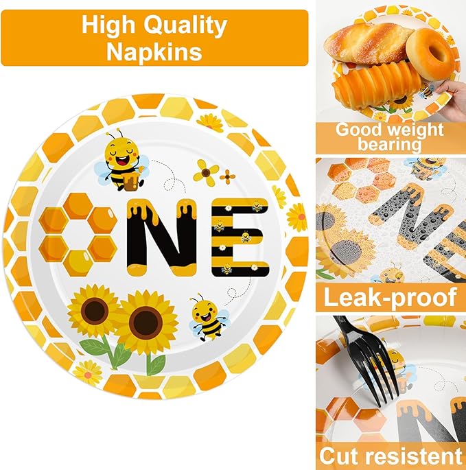 Qyeahkj 100 Pcs Bee 1st Birthday Party Supplies Paper Plates and Napkins Set Disposable Bee First Birthday Tableware Decorations for Bees Theme Baby Shower Serves 25