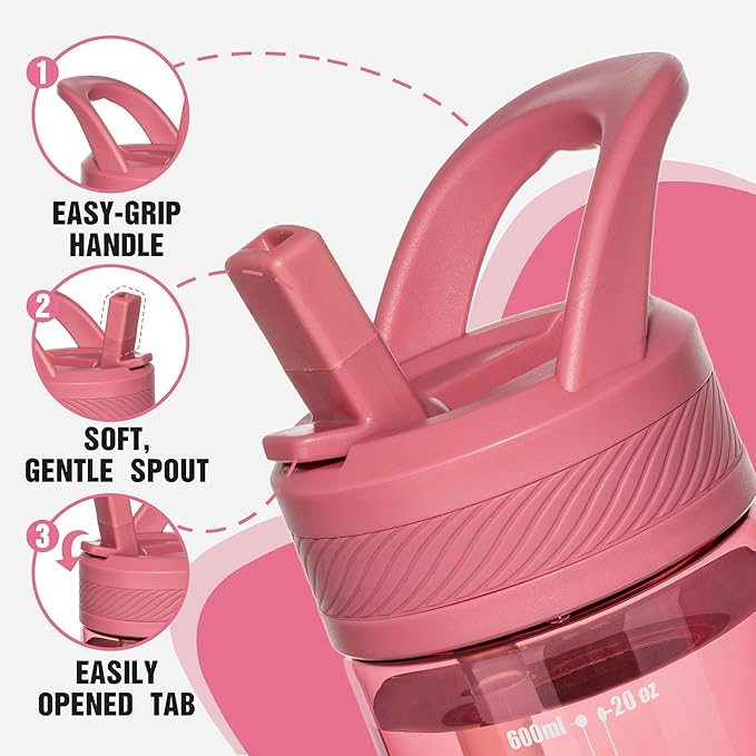 OLDLEY 20 kids Water Bottle with Straw,Tritan BPA-Free,Leak-Proof Design for Travel, Home, School, (Red)