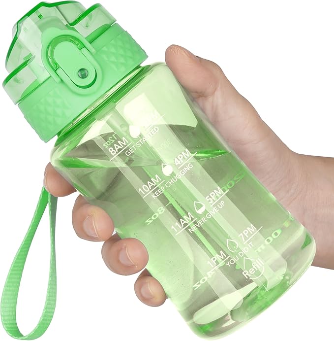 OLDLEY 12oz Kids Motivational Water Bottle for School Girls & Boys, Leak-Proof Tritan BPA-Free, Reusable Bottle with Silicone Straw, Pear
