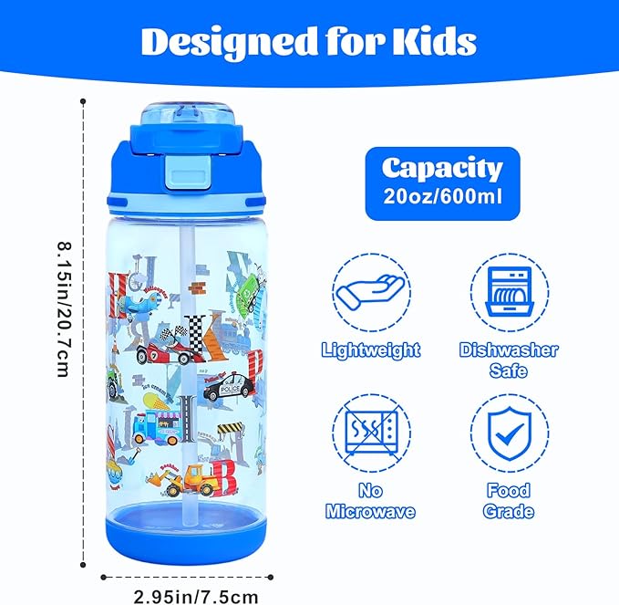 decalsweet Kids Water Bottle 20oz Durable Leak-Proof Plastic Water Cup for Kids Toddlers,With Straw Handle and Pop-Up Spout Cover,Safe for School Sports Daycare Travel & Camp