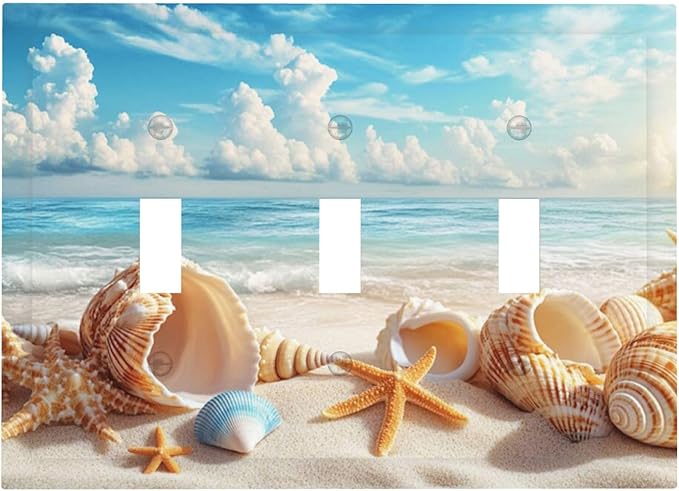 Beach Coastal Seashore Sea Starfish Shell Sand Decorative Switch Plates 3 Gang Wall Plate Triple Toggle Light Switch Cover Faceplate Electrical Wall Panels for Bathroom Home Decor