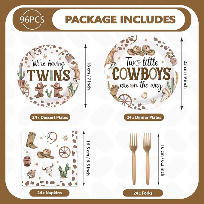 96Pcs Cowboys Twins Baby Shower Party Decorations Two Little Cowboys are On The Way Plates and Napkins Disposable Brown Wild West Tableware Set for Twins Boys Baby Shower Party Supplies Serves 24
