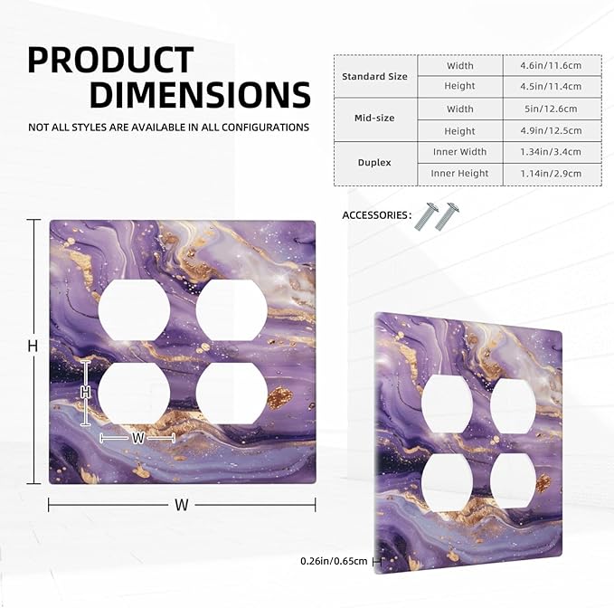 Abstract Purple Gold Marble Texure Luxurious Outlet Covers 2 Gang Double Duplex Decorative Light Switch Covers Electrical Wallplates Socket Faceplate for Bathroom Living Room Decor