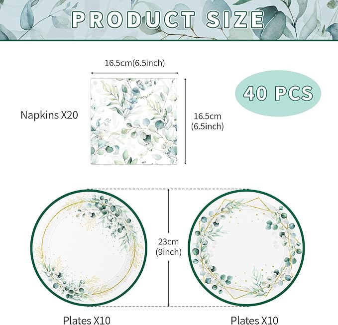 40 Pcs Sage Green Plates and Napkins - Sage Green Party Decorations Tableware Set, Disposable Round Paper Plates Eucalyptus Napkins for Birthday Bridal Wedding Baby Shower Party Supplies, Serves 20