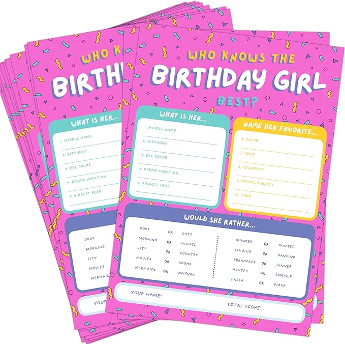 Markt Who Knows The Birthday Girl Best, Birthday Party Games for Kids Party Games, Game Supplies and Activities for Teens, Boys or Girls (Pink)