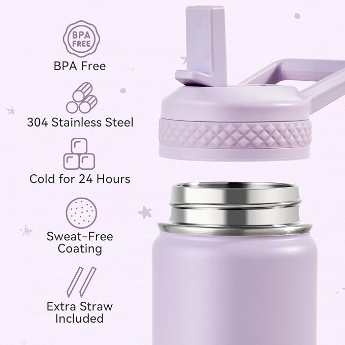 Fijinhom 12 oz Kids Water Bottle, Toddler Water Bottle with Straw, Boys&Girls Bottle for School, 304 Stainless Steel Vacuum Insulated Bottle for Kids, BPA-Free, Leak-Proof, Lilac