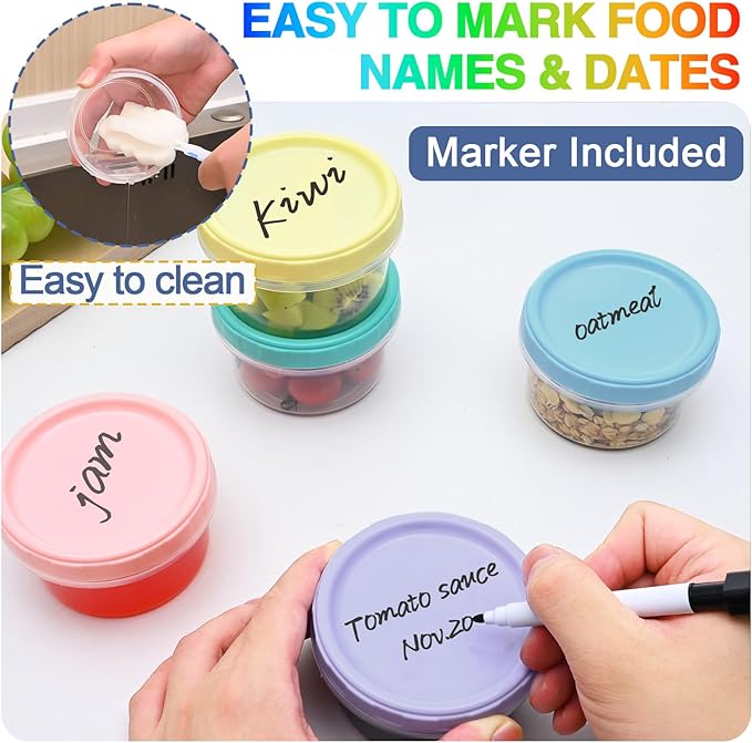 Yomarket 24pcs 8 oz Plastic Containers with Screw Lids, Reusable Clear Food Storage Containers with Pen and Brush for Snack Salad Fruit, Leakproof Small Freezer Containers, Microwave & Dishwasher Safe