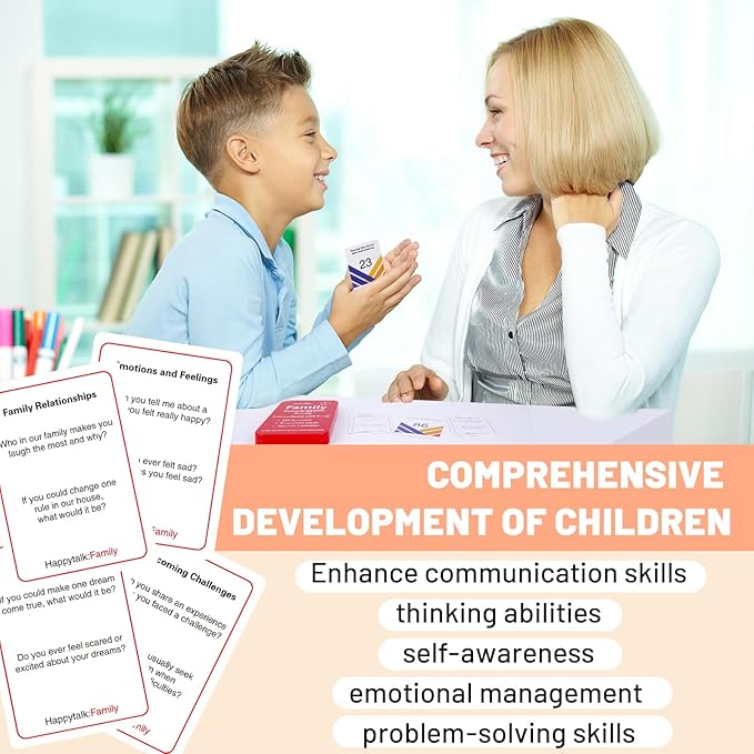 Happytalk Conversation Cards for Kids - 200 Engaging Questions for Family Game Night, Road Trips & Therapy Games, Perfect for Quality Family Time & Fun Conversations