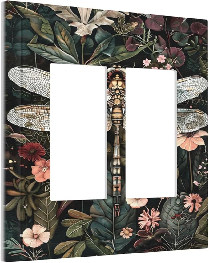 Vintage Dark Green Dragonfly Flowers Floral Botanical Decorative Outlet Covers 2 Gang Double GFCI Rocker Electrical Wall Panels Light Switch Cover Plate for Farmhouse Home Decor