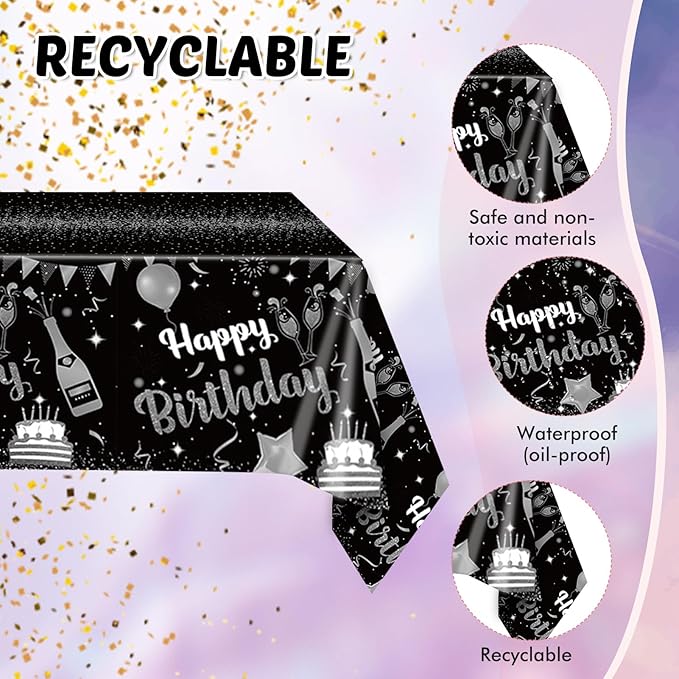41PCS Black and Silver Birthday Decorations Happy Birthday Disposable Tableware Decor Plates Napkins Tableclot Set for Men Women Service20
