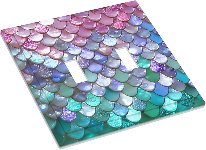 Iridescent Mermaid Scales Double Toggle Switch Cover - 2-Gang Standard US Size Magical Rainbow Mermaid Light Switch Covers for Girls Room Decor