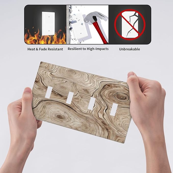 Tree Annual Rings Burl Texture Brown Wood Grain Print Light Switch Covers Quad Toggle Electrical Faceplate 4 Gang Wall Plate Decorative Switch Plates Cover for Farmhouse Bedroom Decor