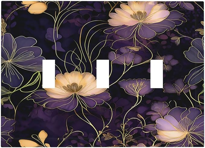 Modern Boho Vintage Gold Purple Dark Floral Modern Abstract Flowers Decorative Switch Plates 3 Gang Wall Plate Faceplate Electrical Wall Panels Triple Toggle Light Switch Cover for Bedroom Living Room