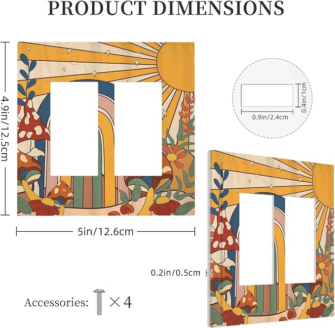 Decorative Outlet Covers Mushroom Hippie Sun Rainbow Vintage Floral Funky Boho 2 Gang Double GFCI Rocker Electrical Wall Panels Light Switch Cover Plate for Bedroom Kids room Decor