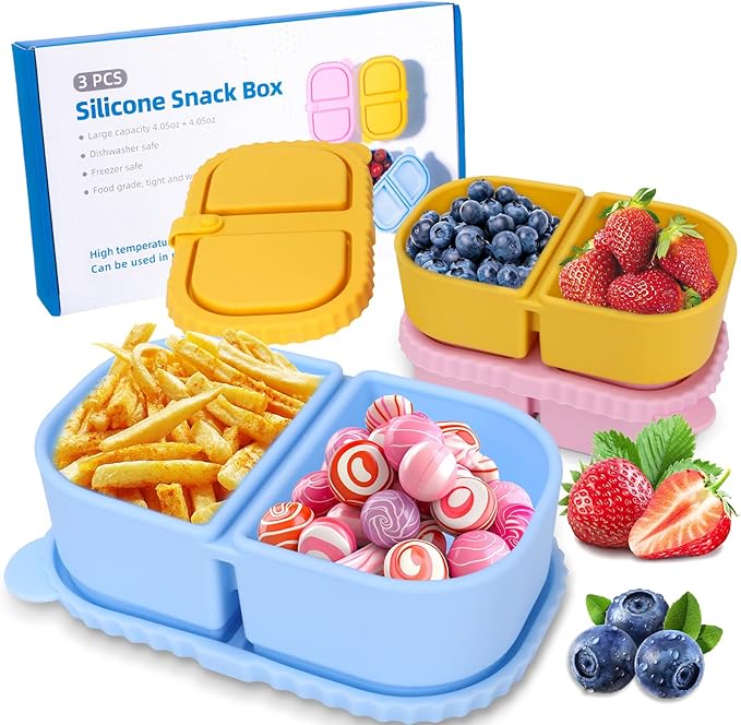 3 Pack Reusable Silicone Snack Containers with Lids, Mini Containers 2 Compartments, Portable Silicone Food Storage Box for Picnic, School lunch, adults Offic, party