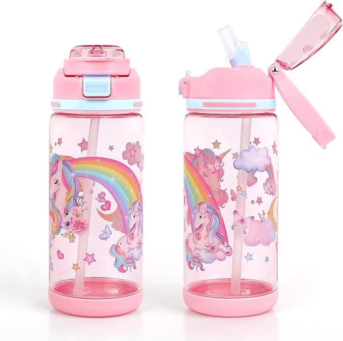 decalsweet Kids Water Bottle 20oz Durable Leak-Proof Plastic Water Cup for Kids Toddlers,With Straw Handle and Pop-Up Spout Cover,Safe for School Sports Daycare Travel & Camp