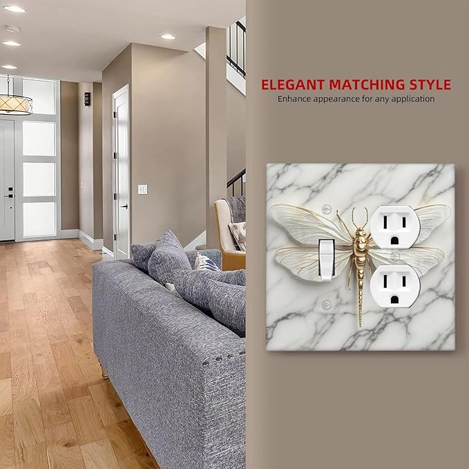 White Gold Marble Dragonfly Abstract Modern Wallplates 1 Toggle 1 Duplex Switch Plate Electrical GFCI Faceplate Decorative Light Switch Covers for Bathroom Home Decor