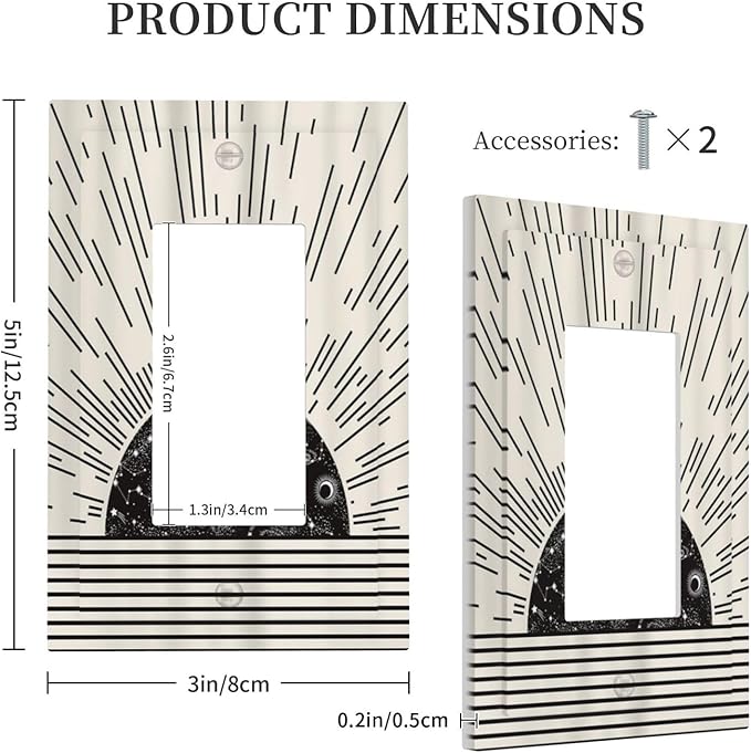 Mid Century Boho Sun Abstract Black Sunrise Horizon 1 Gang Rocker Light Switch Covers Single Decora Outlet Wall Plate Decorative Switchplate Faceplate GFCI for Kitchen Bathroom Bedroom Decor