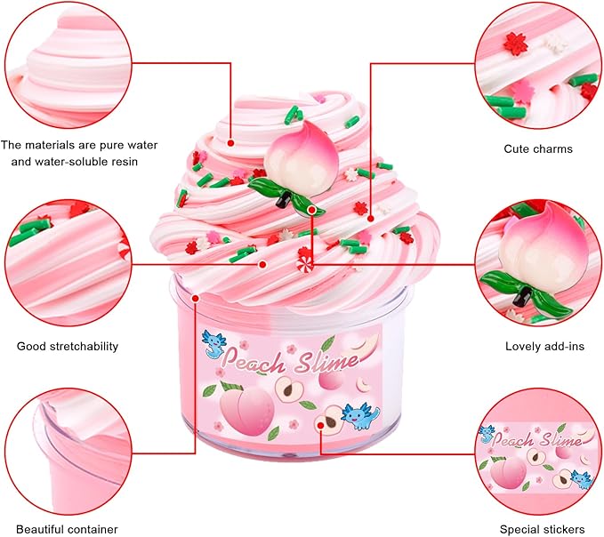 Axolotl Cloud Slime and Pink Peach Butter Slime Kit,Dual Colored New Charms,Super Soft and Non-Sticky, Stress Relief Toy Party Favors Birthday Gifts for Girls.