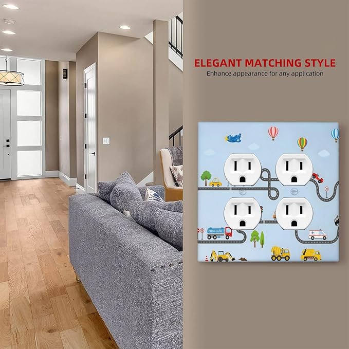 Road Construction Car Truck Hot Air Balloon Outlet Covers 2 Gang Double Duplex Decorative Light Switch Covers Electrical Wallplates Socket Faceplate for Nursery Kids Room Decor