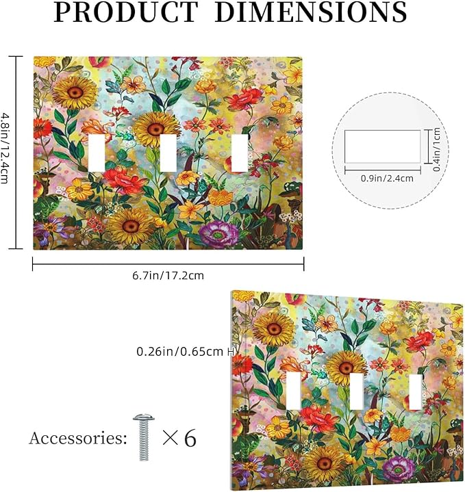 Fall Colorful Sunflower Floral 3 Gang Light Switch Cover Triple Toggle Wall Plates Decorator Receptacle Outlet Covers Electrical Switchplate Faceplate for Bedroom Bathroom Kitchen Decor