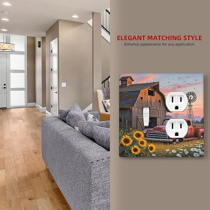 Rustic Barn Red Truck Windmill Sunflower Wallplates 1 Toggle 1 Duplex Switch Plate Electrical GFCI Faceplate Decorative Light Switch Covers for Farmhouse Home Decor