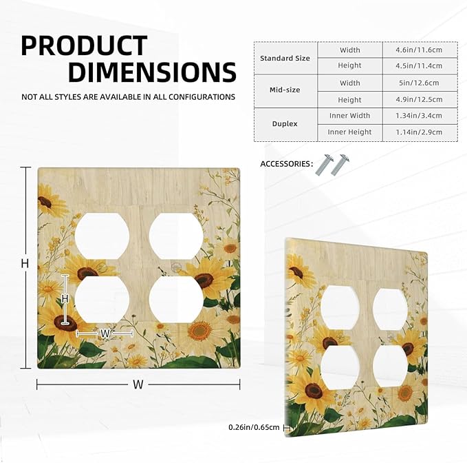 Decorative Outlet Covers with Vintage Botanical Sunflower Field Design 2 Gang Wall Plate Double Duplex Receptacle Light Switch Cover Switch Plate Cover for Nature Yellow Blooms Wall Decor