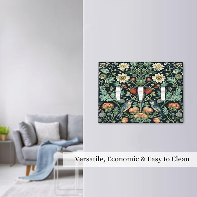 Light Switch Cover Plate Strawberry Birds Flowers Plant Morris Floral 3 Gang Triple Toggle Decorative Switch Plates Wall Plates Electrical Switchplate Faceplate for Bathroom Bedroom Decor