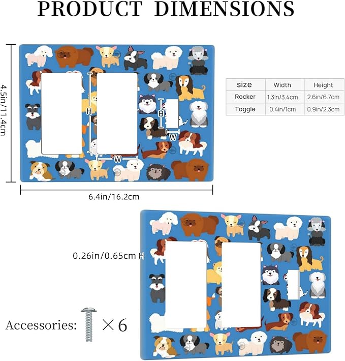 Cute Animal Dogs Puppy Decorative Outlet Cover 2 Rocker 1 Toggle Light Switch Plate Cover Electricity Receptacles Plates For Home Kitchen Living Bedroom 6.4 * 4.5