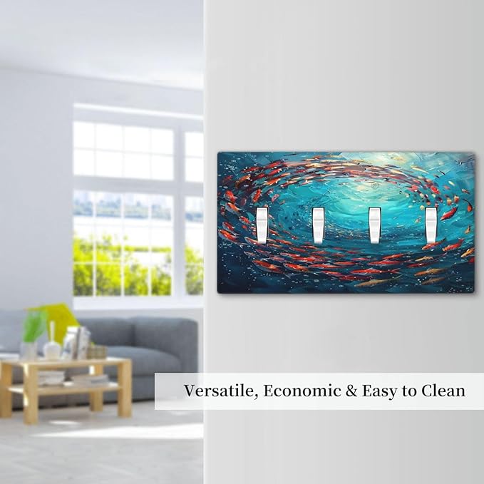 Ocean Fish School Of Fish Vortex Deep Sea Light Switch Covers Quad Toggle Electrical Faceplate 4 Gang Wall Plate Decorative Switch Plates Cover for Kids Room Bedroom Decor