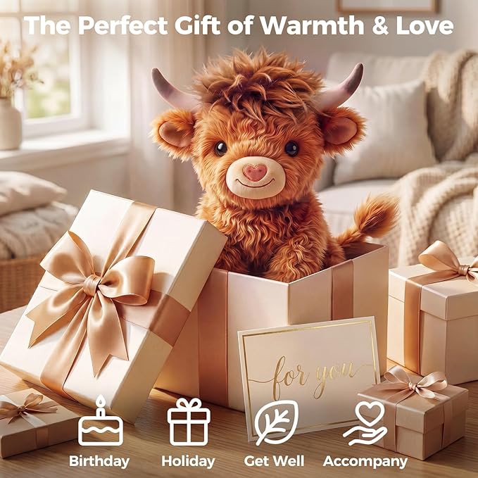 Mewaii Highland Cow Stuffed Animal, Weighted Highland Cow Plush with Washable Cover 1.1 lbs, Heatable & Coolable Microwavable Stuffed Animal Fluffy Cute Cozy Gift for Kids Women 10 Inch