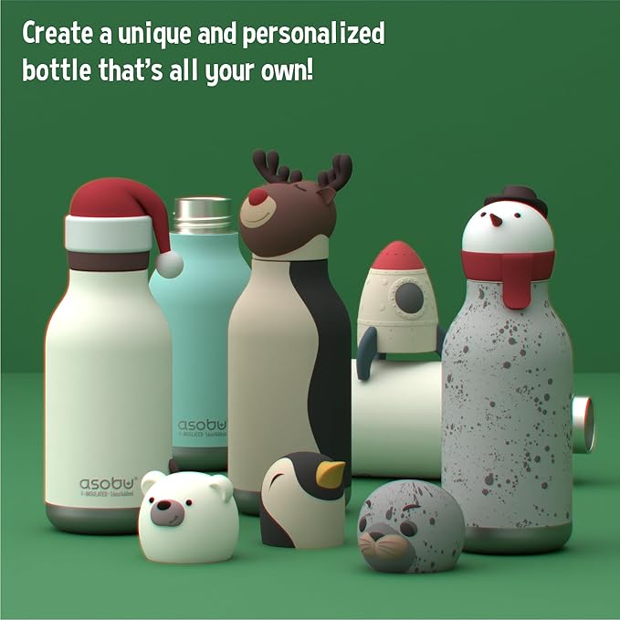 asobu Bestie Bottle Replacement Head For Insulated Stainless Steel Water Bottle, Detachable Soft Animal Head, Collectable Bottle Head for Fun Drinking For Kids, Reindeer