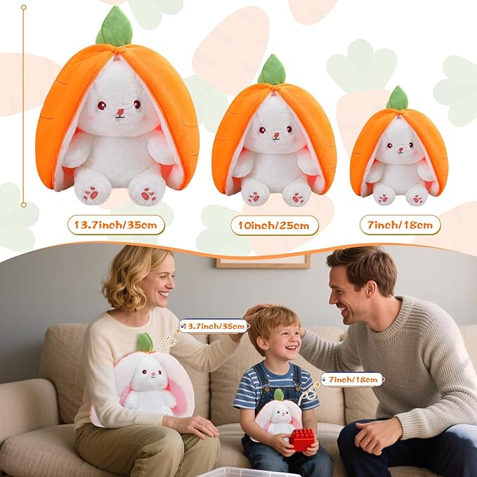 MIAODAM Reversible Carrot Bunny Stuffed Animal, Carrot Rabbit Ears Zip Plush Stuffed, Fruit Bunny Plush, Fluffy Rabbit Plushies Funny Hide Seek Bunny Toy for Girls Gifts Girlfriend