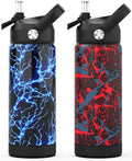 Boys Water Bottle with Straw,18 oz Kids Insulated Cups with Stainless Steel Leak Proof for School,Sport&Travel（2pack，Lightning+Geometry-R）