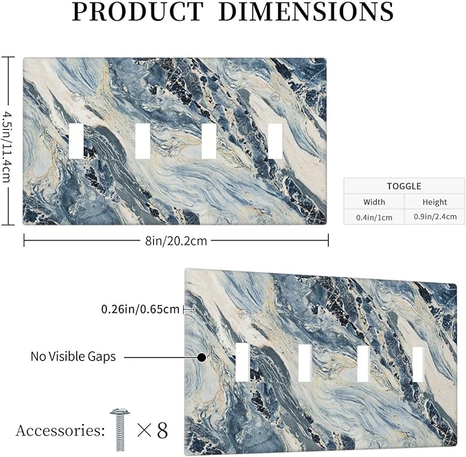 Light Switch Covers Blue Grey Marbling Modern Abstract Design Quad Toggle 4 Gang Wall Plate Electrical Faceplate Decorative Switch Plates for Bedroom living Room Decor
