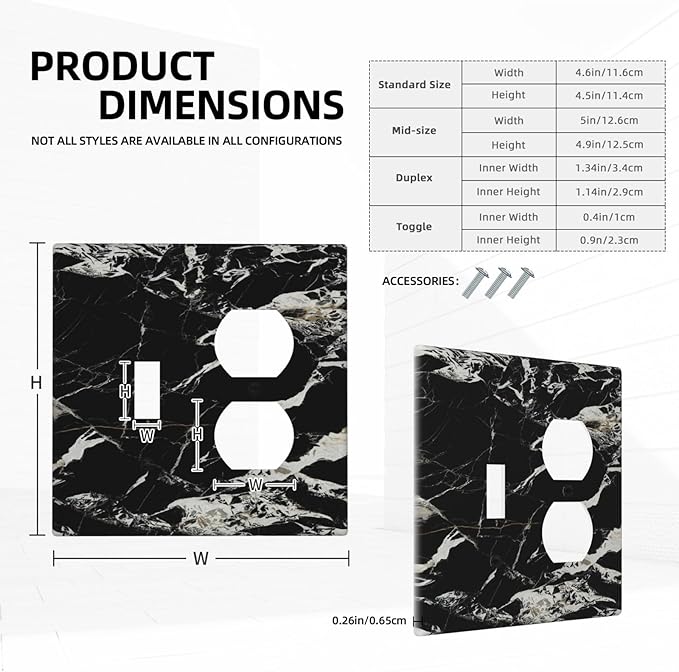 Black Marble Patterns Low Key Luxurious Wallplates 1 Toggle 1 Duplex Switch Plate Electrical GFCI Faceplate Decorative Light Switch Covers for Bathroom Kitchen Decor