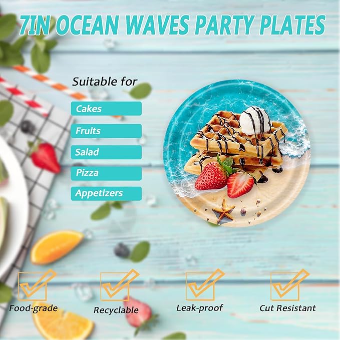 72 Pcs Ocean Waves Paper Plates Disposable Beach Party Birthday Dessert Plates Napkins Forks Tableware Set Summer Pool Party Decoration Supplies for Baby Shower Blue Ocean Hawaiian Birthday, Serve 24