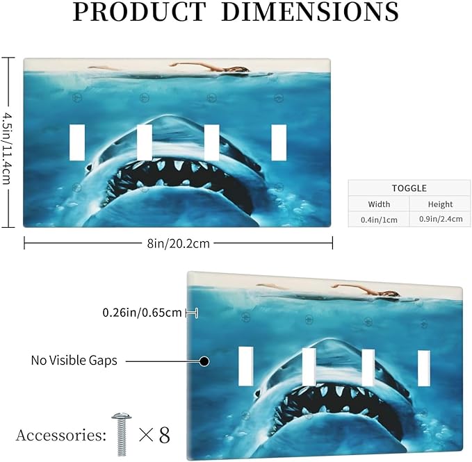 Swimming Woman Funny Shark Blue Ocean Light Switch Covers Quad Toggle Electrical Faceplate 4 Gang Wall Plate Decorative Switch Plates Cover for Kids Room Bedroom Decor