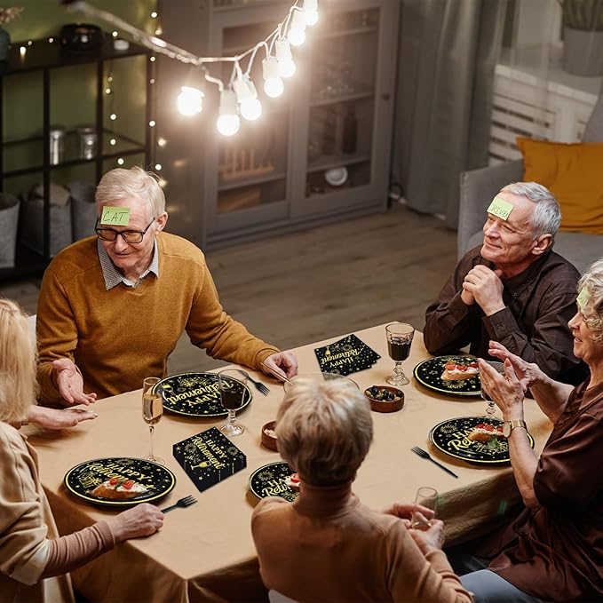 100 Pcs Happy Retirement Tableware Party Supplies Set, Serves 25 – Disposable Black and Gold Paper Plates, Napkins, and Forks, Cheers to Retirement Dinnerware Party Decorations