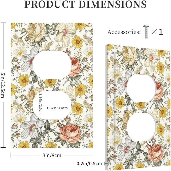 Multicolor Peony Daisy Vintage Floral Flower Outlet Covers 1 Gang Duplex Light Switch Cover Decorative Switch Plates Electrical Receptacle Faceplate Wall Plate for Bedroom Living Room Decor