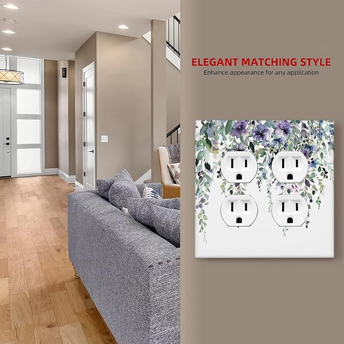 Decorative Light Switch Cover Plate Blue Purple Eucalyptus Leaves Boho Botanical 2 Gang Decorative Switch Plates 1 Toggle Duplex Combo Outlet Covers GFCI Plug Covers Wallplates for Bathroom Home Decor