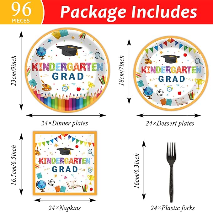 Kindergarten Graduation Party Supplies Pre-K Grad Tableware Set Preschool Graduation Plate Napkin Kindergarten Disposable Paper Dinnerware Kit for Graduate Party decoration Favor 24 Guest (White)