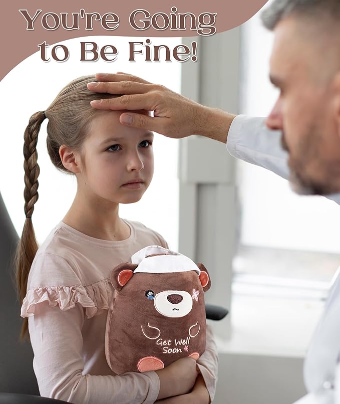 Get Well Soon Plush Bear - Teddy Bear Plush Toy with Injury Bandage, Kids' Pillow Cushion, Get Well Soon Gifts for Patient Kids, Dark Brown, 8 Inch