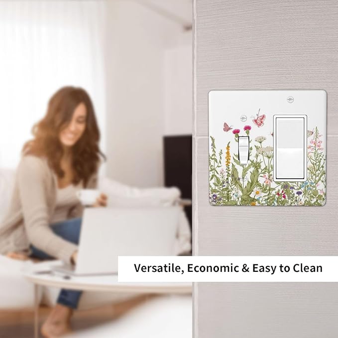 Colorful Butterfly Floral Plants Flower Vine Outlet Covers 1 Toggle 1 Rocker Combination Decorative Wall Plate Electrical Switch Plates Light Switch Cover Plate for Bed Room Living Room Decor
